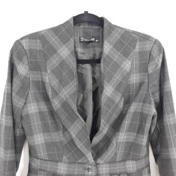 New York & Company Blazer Plaid Single Breasted One Button Peplum Gray Sz 4 - Picture 6 of 12